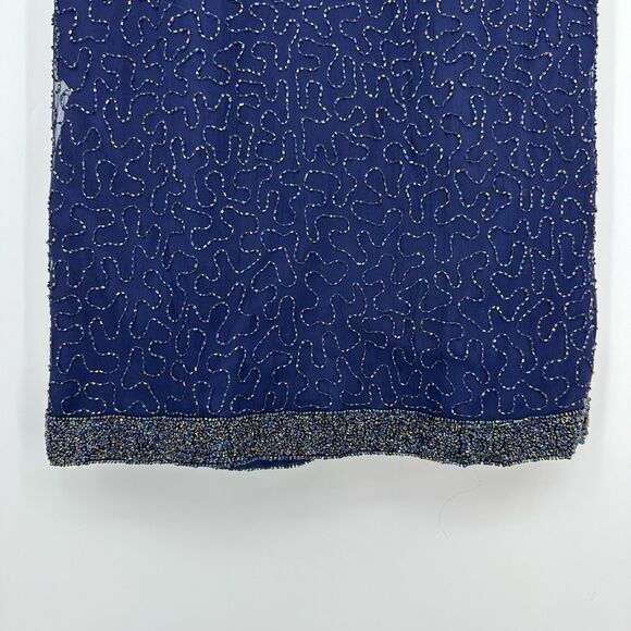 Vintage Laurence Kazar Silk All Over Beaded Mini Dress Size L Navy Cocktail - Picture 4 of 13